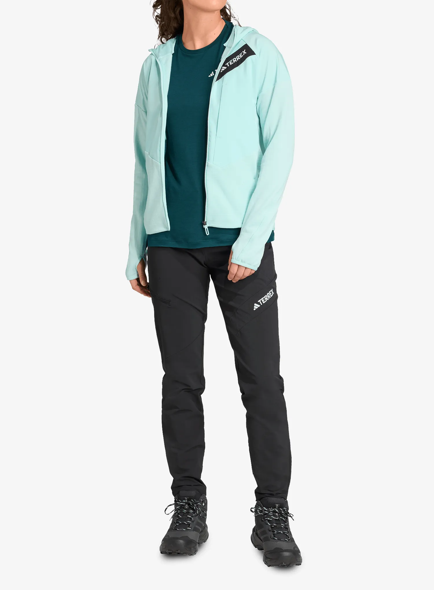 Pullover Damen adidas TERREX Techrock CLIMAWARM+ Wind Hooded Fleece Jacket - semi flash aqua