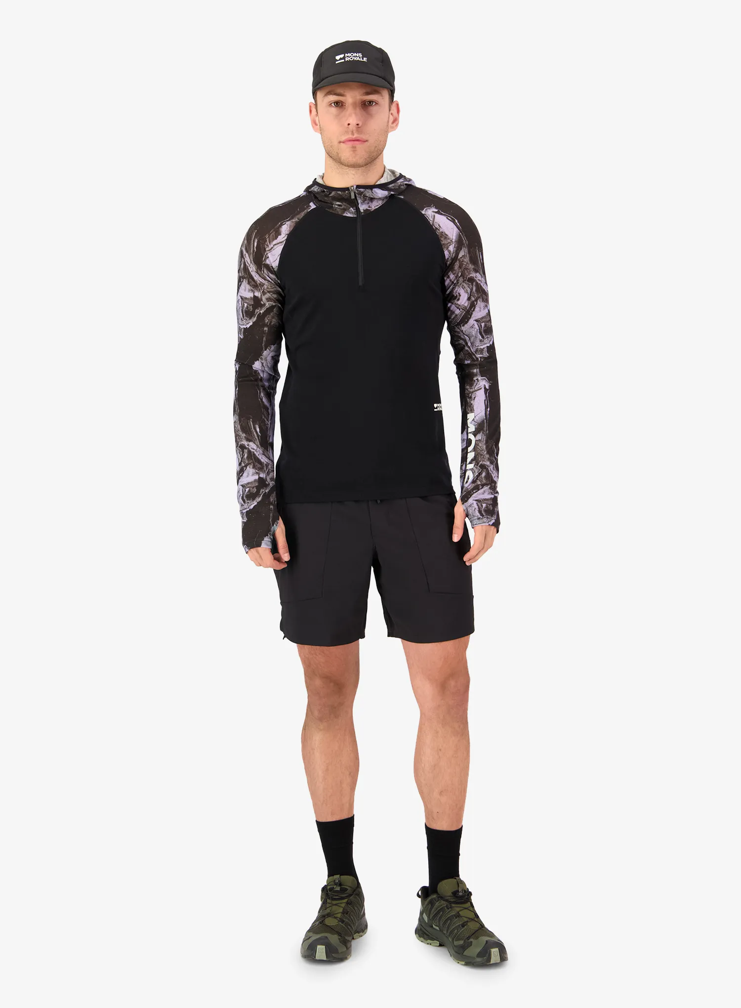 Hoodie Mons Royale Temple Merino Long Sleeve Hood - rock camo/black