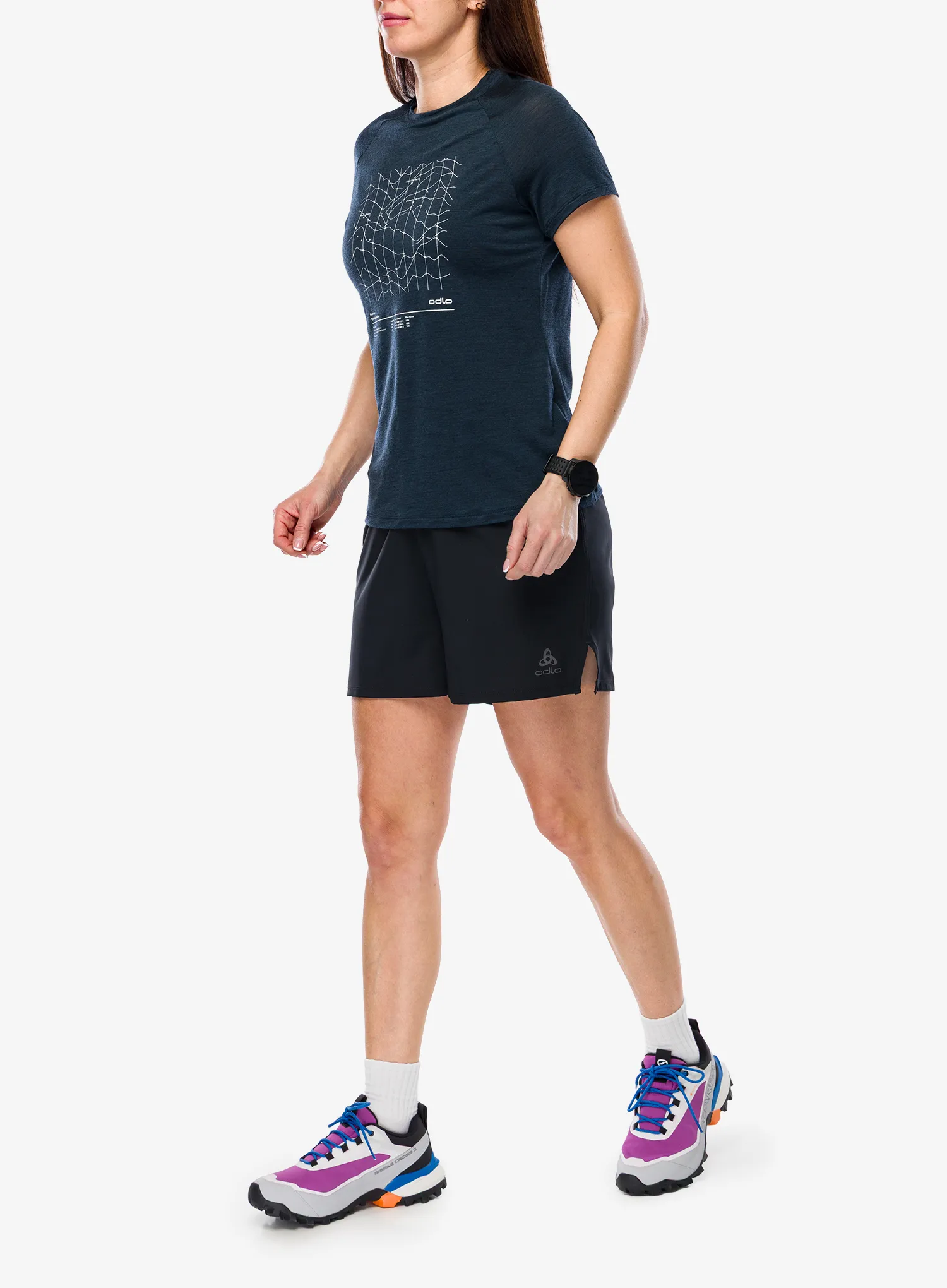 Merinoshirt Damen Odlo Merino Tencel Hyper Map Crew Neck S/S - dark sapphire melange
