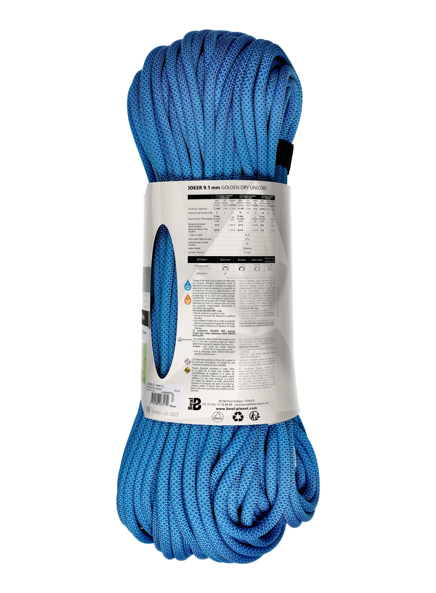 Kletterseil Beal Joker Unicore 9,1 mm x 70 m Golden Dry - blue