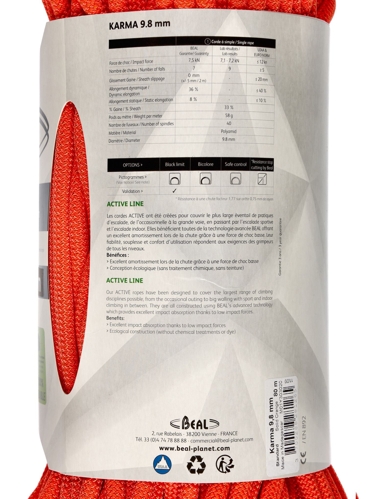 Dynamikseil Beal Karma 9,8 mm 80 m Standard - solid orange